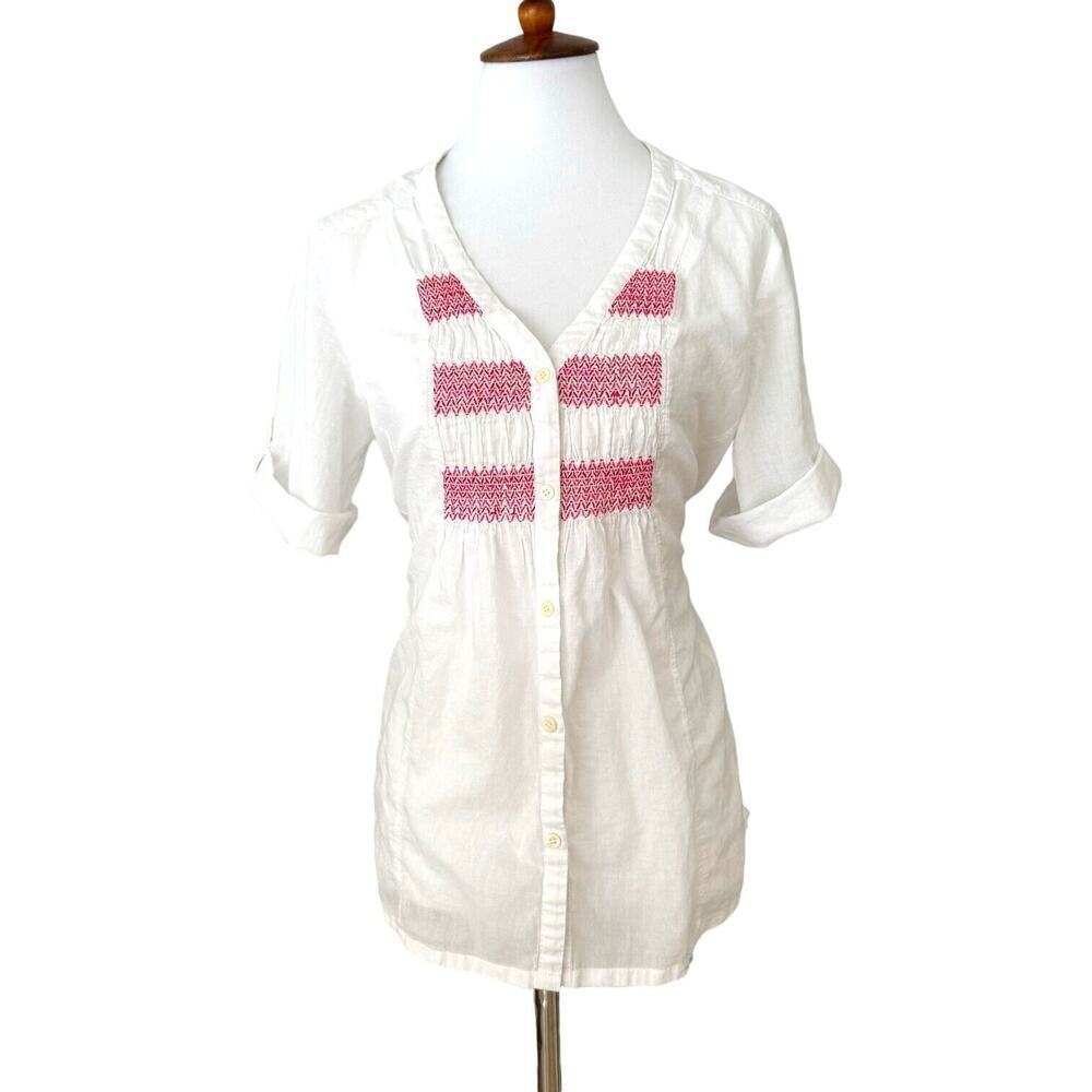 🍀Lole Button Up Tunic Top White Pink Embroidered Roll Tab Sleeve V Neck Size 6